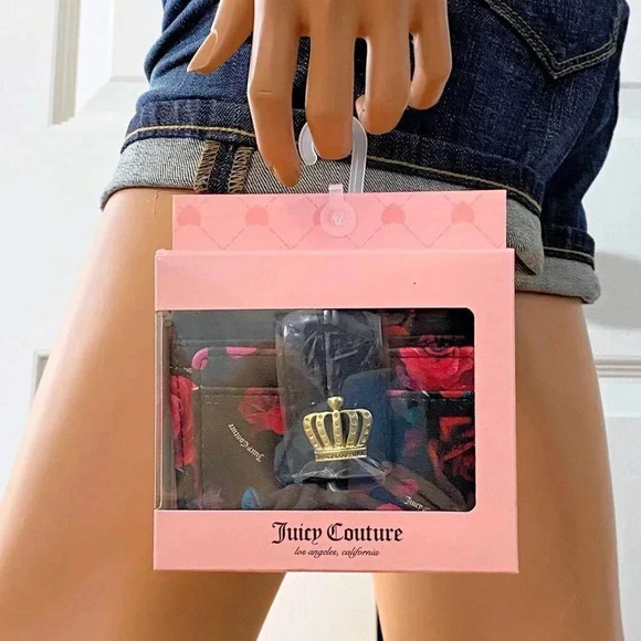 Juicy Couture Black Floral Card Case Tab Wallet - Picture 2 of 8